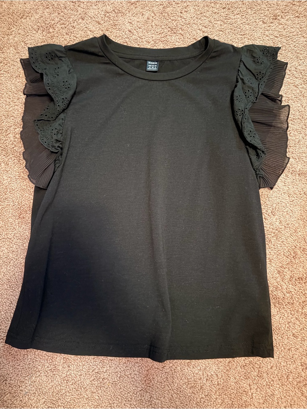 SHEIN Black Ruffled Eyelet Sleeve Short Sleeve Top